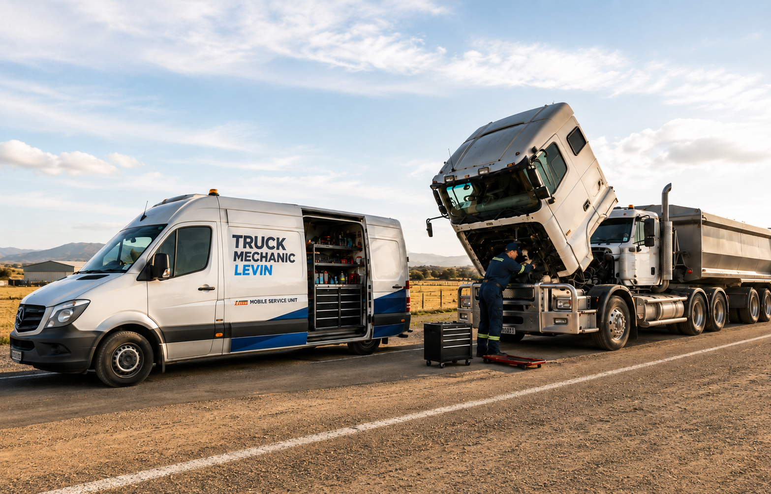 Mobile truck mechanic servicing a truck in Levin